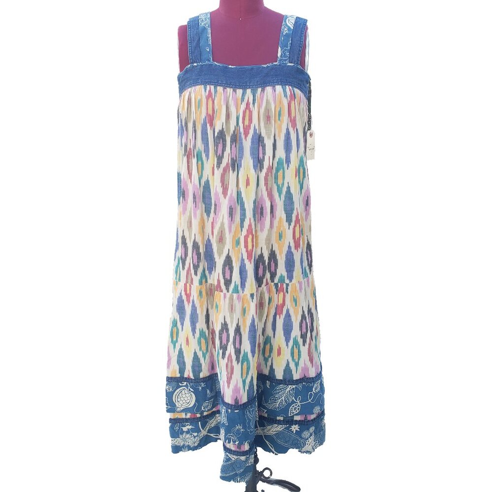 Warm NY Vista Dress Rainbow Diamond Ikat Sleeveless Smocked Back Midi XSmall
